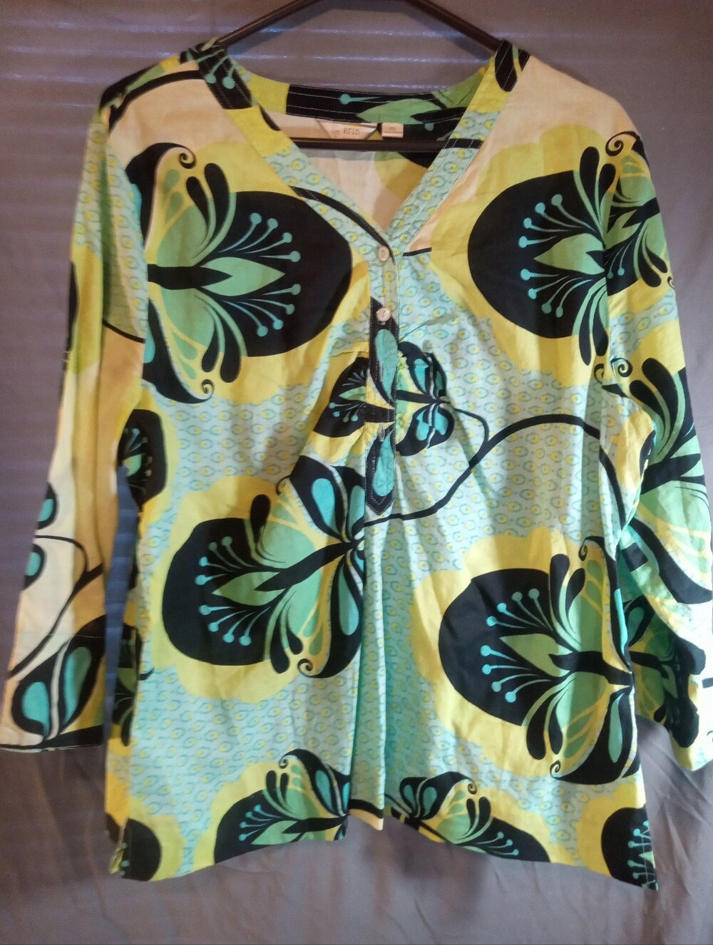 Erin Women’s Floral Print V-Neck Tunic Top - Yellow & Green